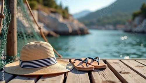 Dockside summer relaxation with beach accessories