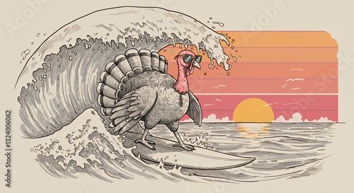 A cartoon turkey wearing sunglasses surfing a giant ocean wave