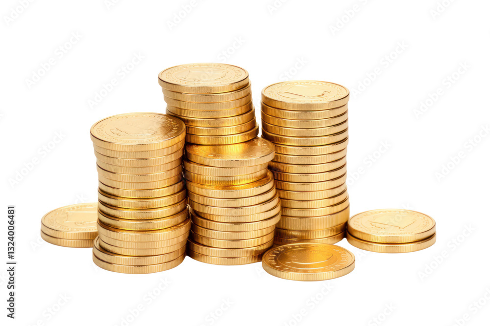 A visually appealing stack of gold coins, each coin displaying a rich golden hue and smooth edges, isolated on white background A visually appealing stack of gold coins, each coin displaying a rich golden hue and smooth edges, isolated on white background