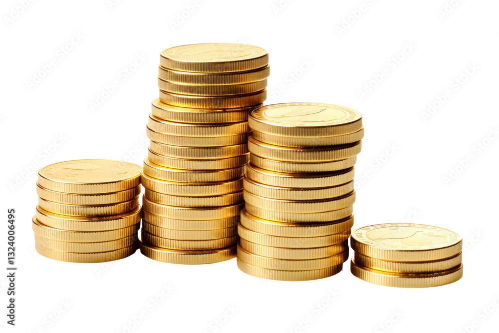 A visually appealing stack of gold coins, each coin displaying a rich golden hue and smooth edges, isolated on white background