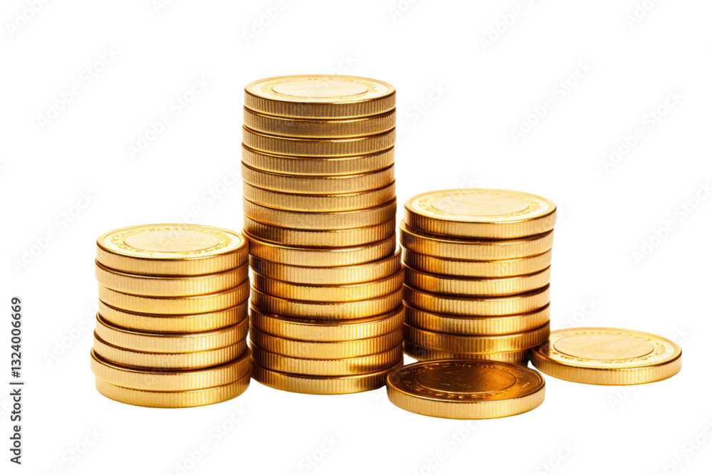 A visually appealing stack of gold coins, each coin displaying a rich golden hue and smooth edges, isolated on white background A visually appealing stack of gold coins, each coin displaying a rich golden hue and smooth edges, isolated on white background