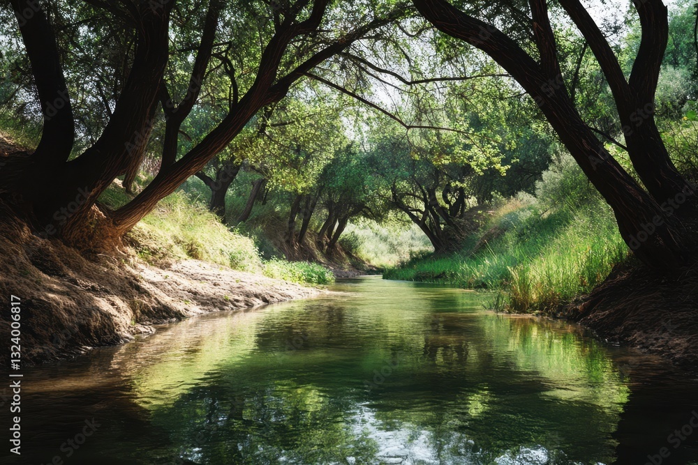 Serene river flows through tranquil green trees under soft sunlight in a peaceful forest Serene river flows through tranquil green trees under soft sunlight in a peaceful forest