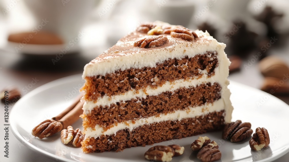A slice of moist carrot cake, studded with cinnamon, walnuts, and pecans, adorned with a creamy frosting, sits proudly isolated on a crystal-clear transparent backdrop, inviting viewers to indulge in A slice of moist carrot cake, studded with cinnamon, walnuts, and pecans, adorned with a creamy frosting, sits proudly isolated on a crystal-clear transparent backdrop, inviting viewers to indulge in