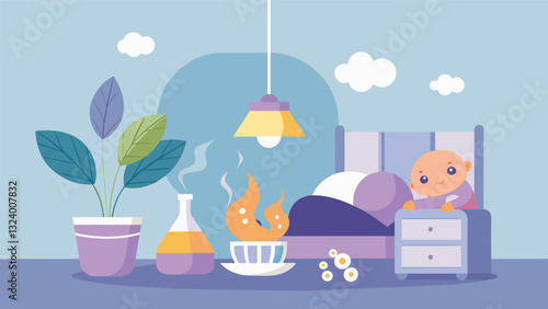 As the diffuser releases soothing scents of geranium and bergamot the nursery becomes a tranquil space for both baby and parents promoting a peaceful nights sleep.. Vector illustration