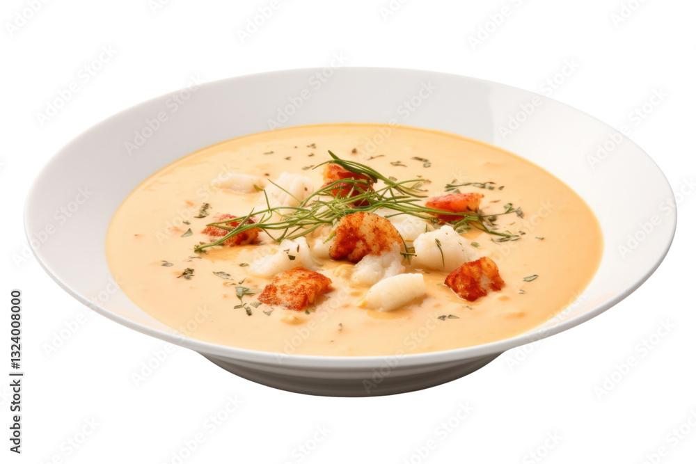 A rich lobster bisque with chunks of lobster meat and scallops, garnished with a sprig of thyme, isolated on white background A rich lobster bisque with chunks of lobster meat and scallops, garnished with a sprig of thyme, isolated on white background