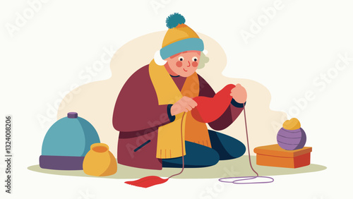 An elderly woman knitting scarves and hats for a homeless shelter finding purpose and fulfillment in using her skills to give back.. Vector illustration