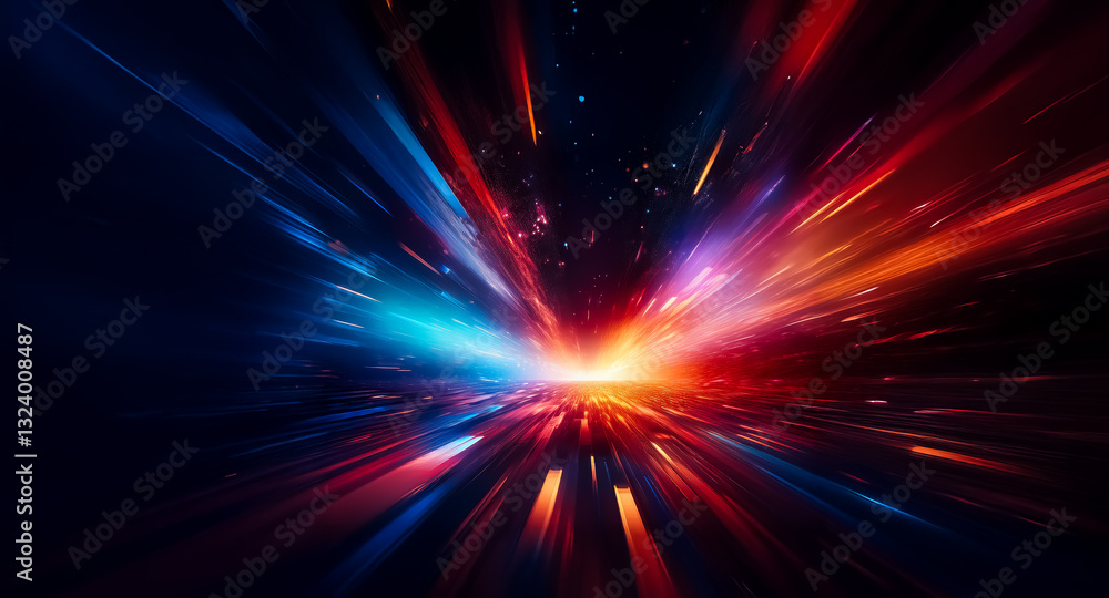 Abstract image features dynamic streaks of vibrant blue and red light emanating from a central point, creating a sense of speed and energetic burst against a dark backdrop.