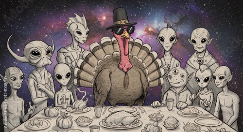 An illustrated gathering of aliens celebrating a thanksgiving feast
