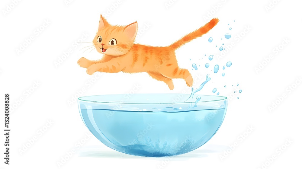 Vibrant Goldfish Jumps Out of Water Bowl - Creative Illustration in Isometric View Vibrant Goldfish Jumps Out of Water Bowl - Creative Illustration in Isometric View