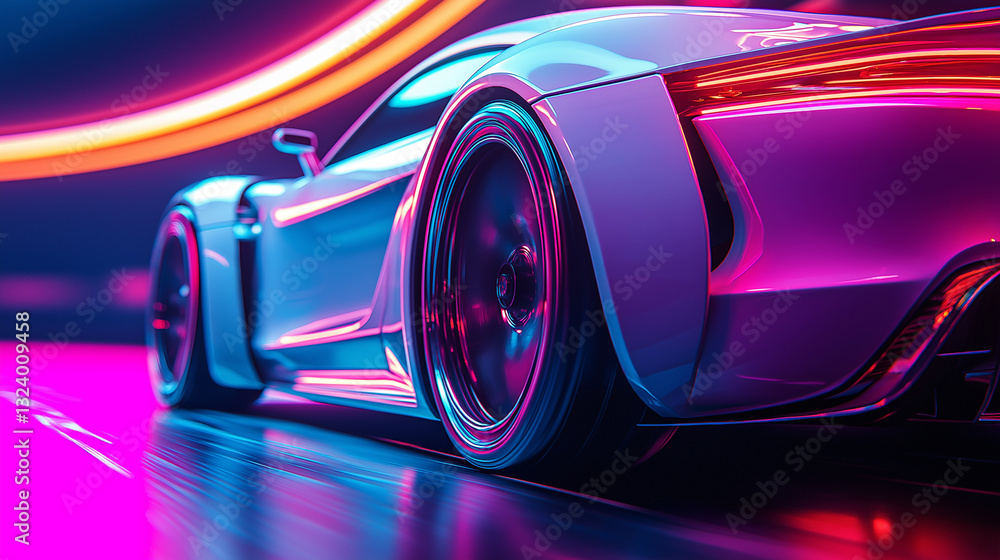 Futuristisches Konzeptauto in Silber mit leuchtend roten Elementen vor Sonnenuntergang im Synthwave-Stil Futuristisches Konzeptauto in Silber mit leuchtend roten Elementen vor Sonnenuntergang im Synthwave-Stil