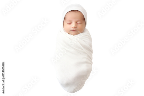 A cute little newborn baby sleeping peacefully, wrapped in a soft blanket, with tiny hands peeking out isolated on white background