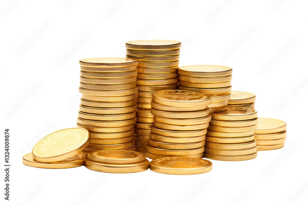A balanced stack of gold coins featuring a uniform design isolated on white background A balanced stack of gold coins featuring a uniform design isolated on white background