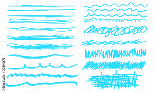 Blue vector marker graphic stylish handmad element. Text highlighting and underlining. Brush lines. Handmade marker strokes. Text marker stripes.