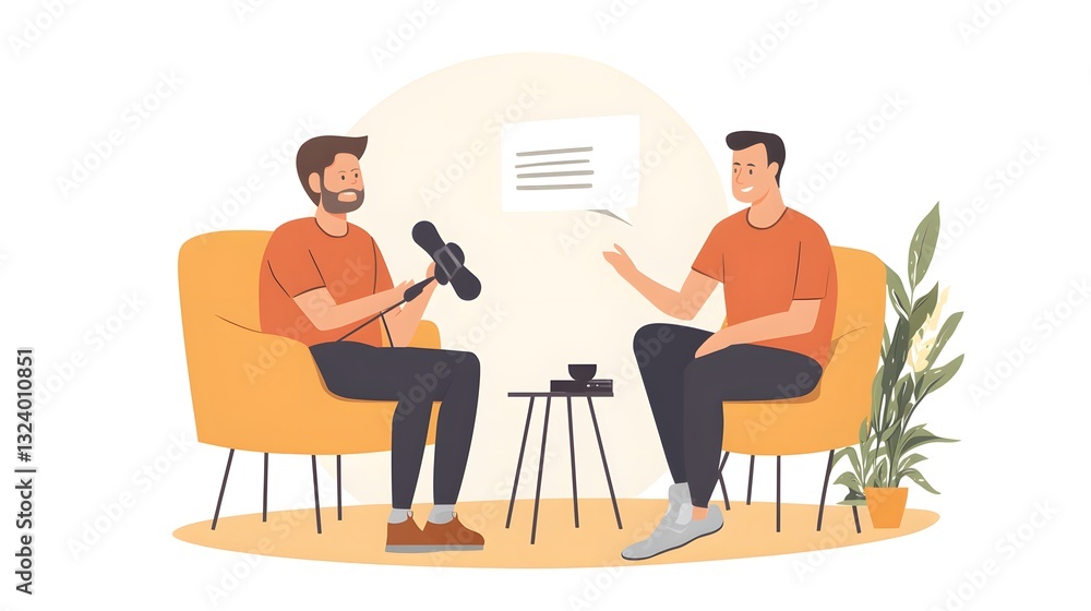 Professional Man Recording Interview with Guest - Vector Illustration for Marketing Collateral and Communication Materials