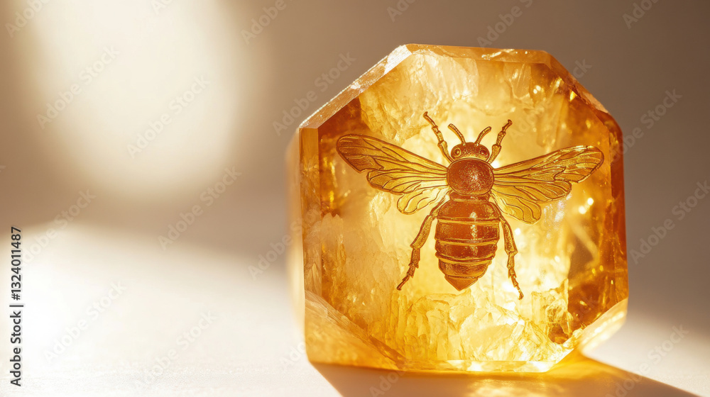 A hexagonal amber crystal with an embossed bee. 3d illustration. A hexagonal amber crystal with an embossed bee. 3d illustration.