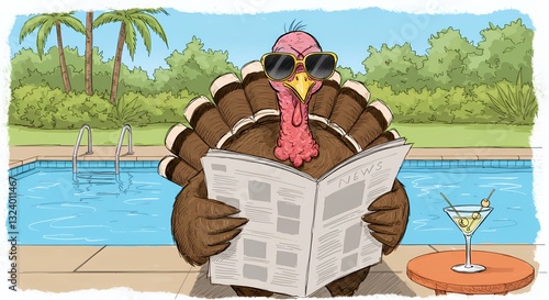 Cartoon turkey in sunglasses relaxing by a swimming pool