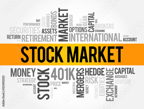 Stock Market - a public marketplace where buyers and sellers trade shares of publicly traded companies, word cloud concept background