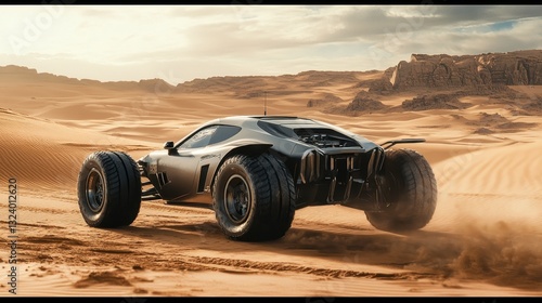 A sleek, silver desert buggy, its powerful engine humming, stood poised on a transparent backdrop, ready to carve through the dunes at breakneck speed, a symbol of adventure and freedom.