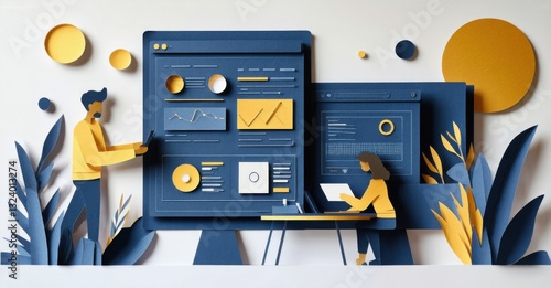 Paper cutout of designer reviewing contrast and accessibility settings deep navy and muted gold symbolizing inclusive ui ux design