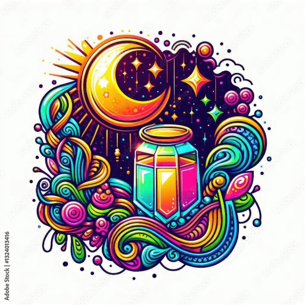 Fototapeta premium illustration of glowing liquid substance in hologram spectral color palette makes Ramadhan Doodle Hand Drawn Color Vector Collection, bright color . Generative Art