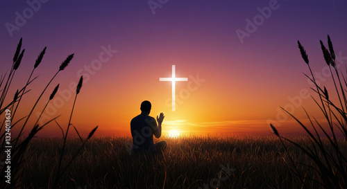 Silhouette of a person praying in a field with a glowing cross at sunset. Religious, spiritual design perfect for faith, hope, or nature themes.