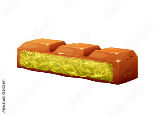 Dubai Pistachio Chocolate. Milk chocolate with filling of pistachio paste and kadaif pastry. Oriental trending sweet. Vector illustration isolated