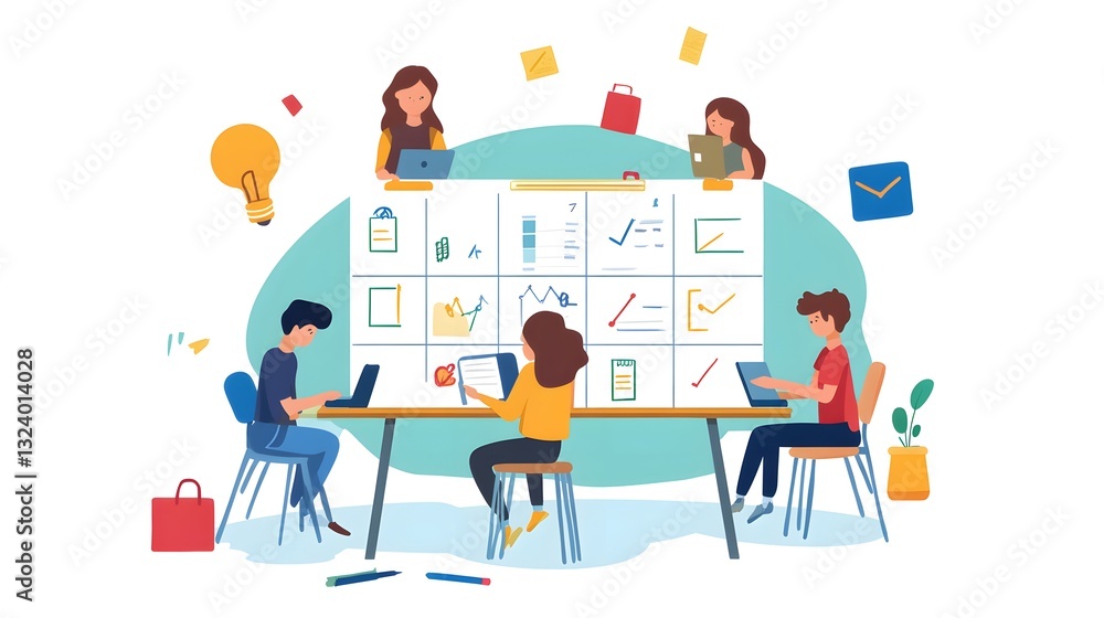 Professional Students Collaborating to Plan Their Lesson Schedules Illustration Professional Students Collaborating to Plan Their Lesson Schedules Illustration