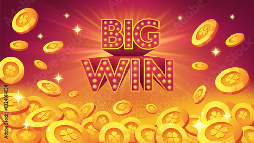 Background with falling gold coins with bitcoin icon. Cartoon background with coins for big winnings. Vector illustration