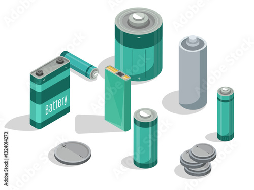 isometric battery cell rechargeable alkaline accumulators electronic power supply compact device illustration various batteries