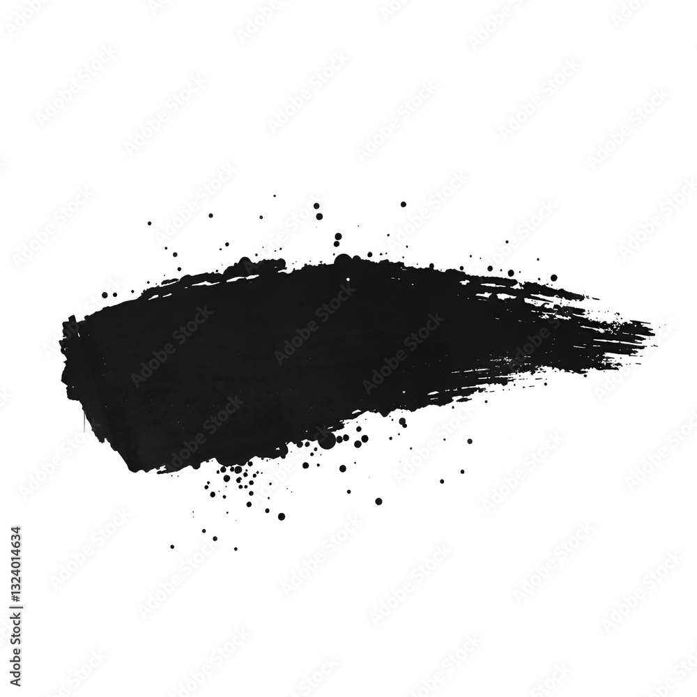 Fototapeta premium Black Brush Stroke with Splattered Textures on White Background