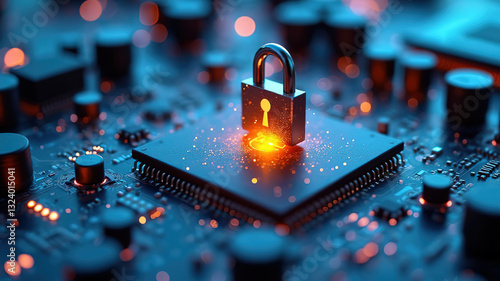 electronic components lock mounted on a motherboard, security concept background