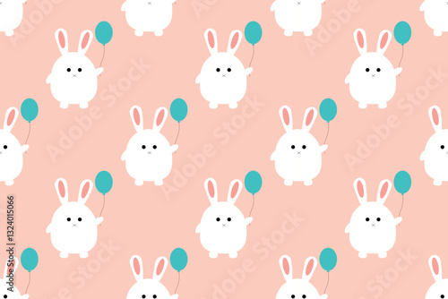 Beautiful seamless pattern with cartoon character on delicate pink background. Fat cute white rabbit holds balloon in his paws. For greetings, postcards, textiles, packaging, backgrounds.