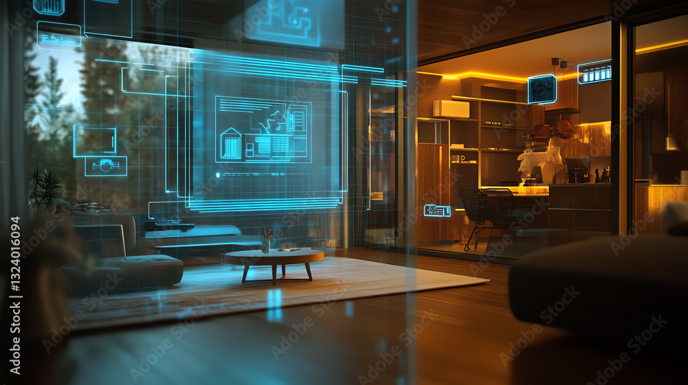 Futuristic living room with holographic displays showcasing smart home features. Futuristic living room with holographic displays showcasing smart home features.