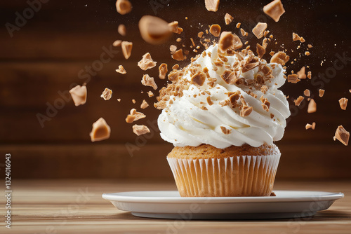 A mouthwatering cupcake is adorned with creamy frosting, while toppings burst into the air