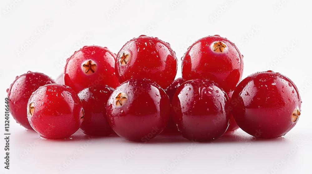 A vibrant cluster of fresh, highbush cranberry berries, glistening with morning dew, is isolated against a pristine white background, showcasing their natural beauty and juicy appeal. A vibrant cluster of fresh, highbush cranberry berries, glistening with morning dew, is isolated against a pristine white background, showcasing their natural beauty and juicy appeal.