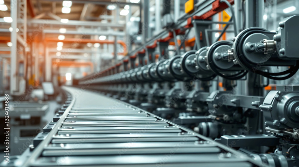 Clean, metallic assembly line surface with a blurred, dynamic factory background. Clean, metallic assembly line surface with a blurred, dynamic factory background.
