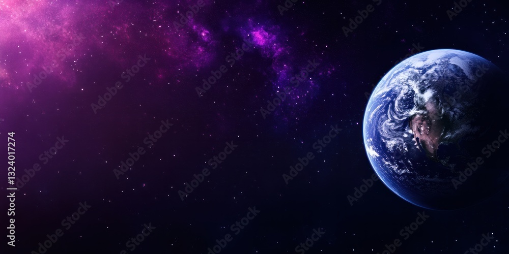 Obraz premium Earth in space with vibrant purple nebula and stars.