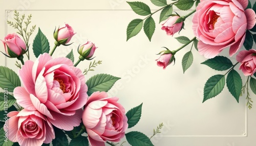Soft pink roses & peonies, entwined with delicate greenery; vintage floral pattern , spring, feminine, background