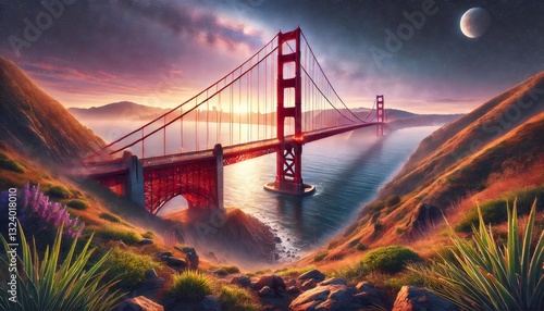 Golden gate bridge connecting san francisco and marin county at sunset under starry sky and full moon