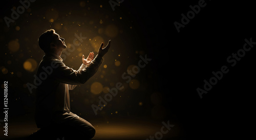 Silhouette of a person with outstretched hands in a dark, ethereal setting. Spiritual, contemplative design perfect for faith, hope, or inner peace themes.