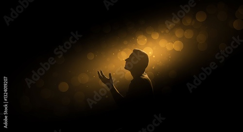 Silhouette of a person with outstretched hands in a dark, ethereal setting. Spiritual, contemplative design perfect for faith, hope, or inner peace themes.