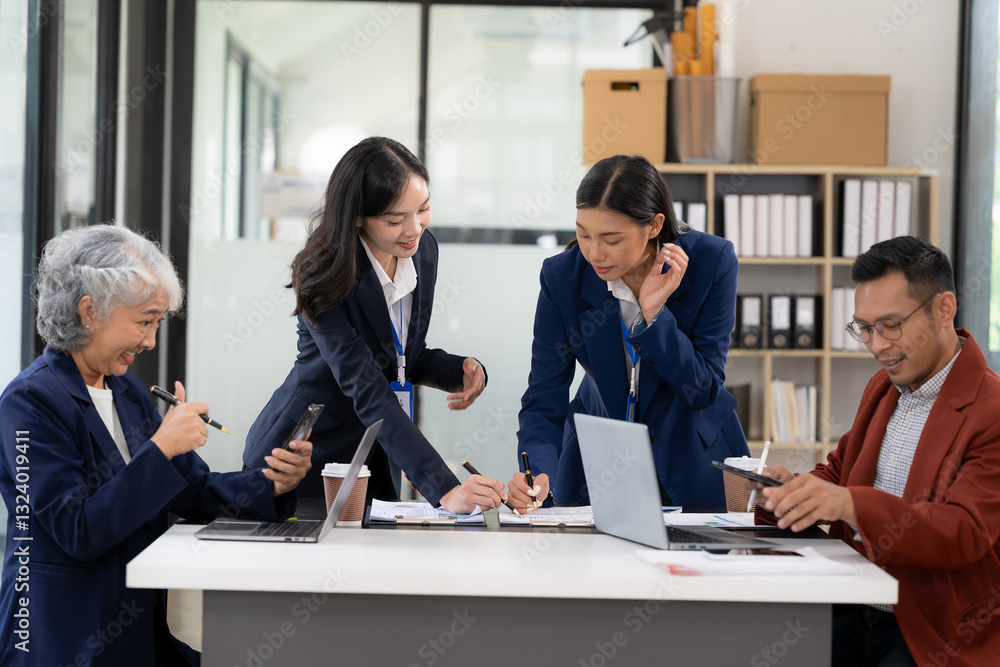 Group of Asian business people working in office on charts and graphs showing results of successful teamwork. Happy team meeting. Business data charts. Conference room. Group of Asian business people working in office on charts and graphs showing results of successful teamwork. Happy team meeting. Business data charts. Conference room.