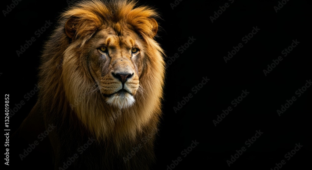 Fototapeta premium Majestic lion against a black background.