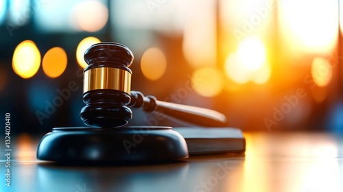 Fototapeta Naklejka Na Ścianę i Meble -  Justice delivered through the gavel against the backdrop of a sunset in a courtroom