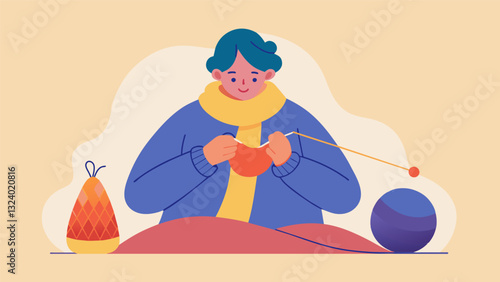 Absorbing oneself in the rhythmic clicks of knitting needles creating a cozy scarf as a theutic escape. Vector illustration