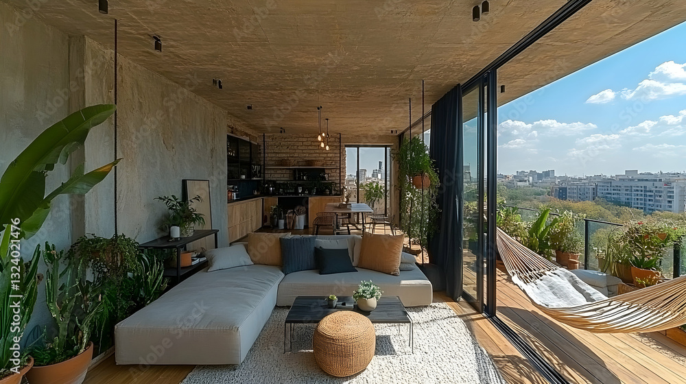 Fototapeta premium Modern loft apartment with city views