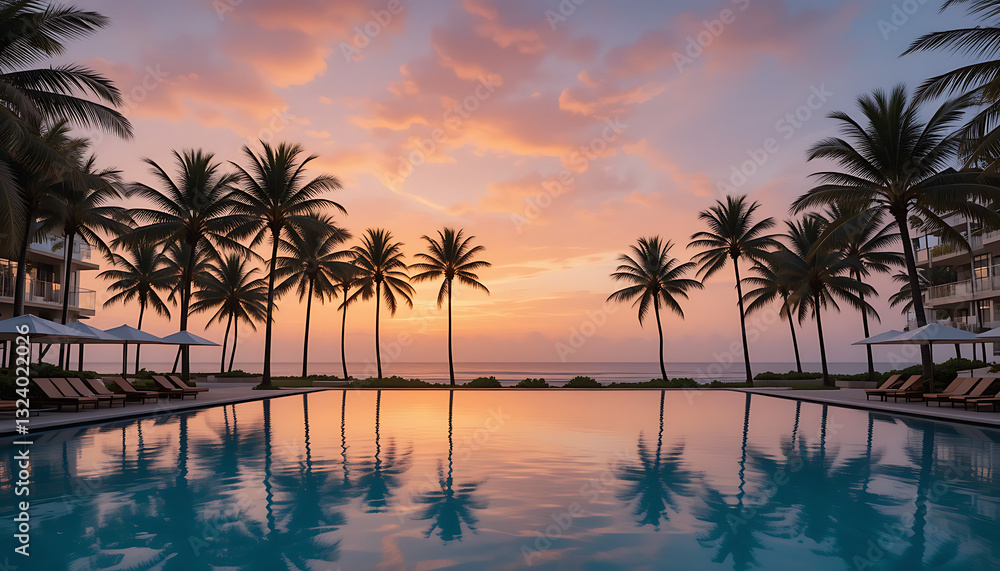 Luxury Beachfront Resort at Sunset  Tropical Paradise with Pool & Palm Trees