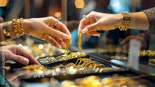 Customers buying gold jewellery at a gold shop, closeup 