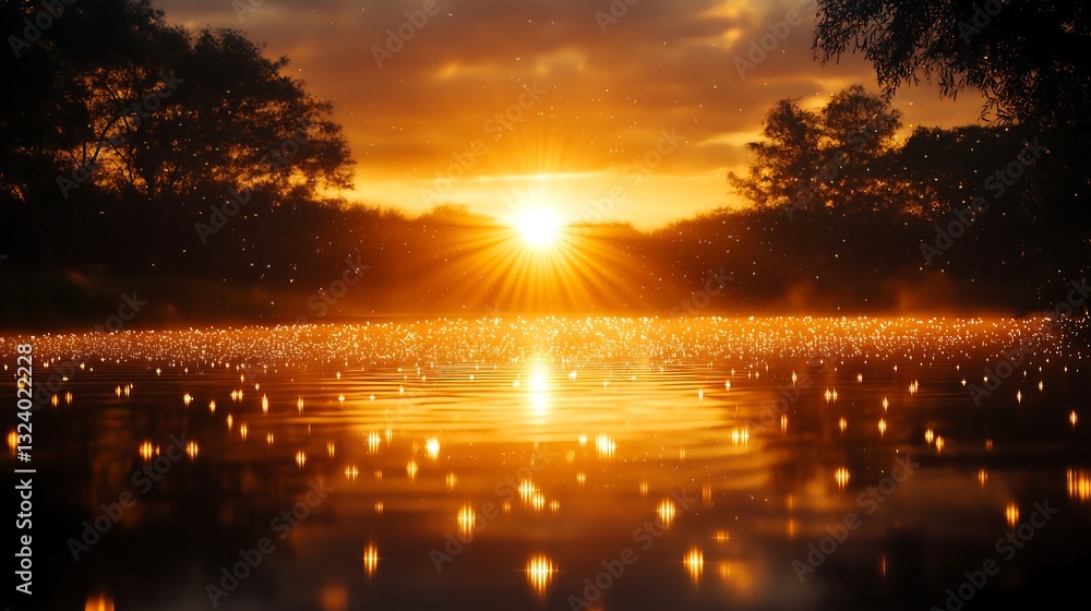 Sunset over a serene lake creating a magical golden atmosphere Sunset over a serene lake creating a magical golden atmosphere
