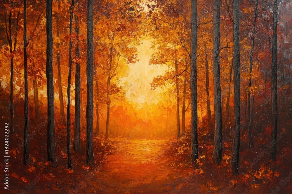 Fototapeta premium golden autumn forest panorama with three distinct scenes morning sunlight filtering through amber leaves, midday's rich orange canopy, and evening's fiery red sunset glow